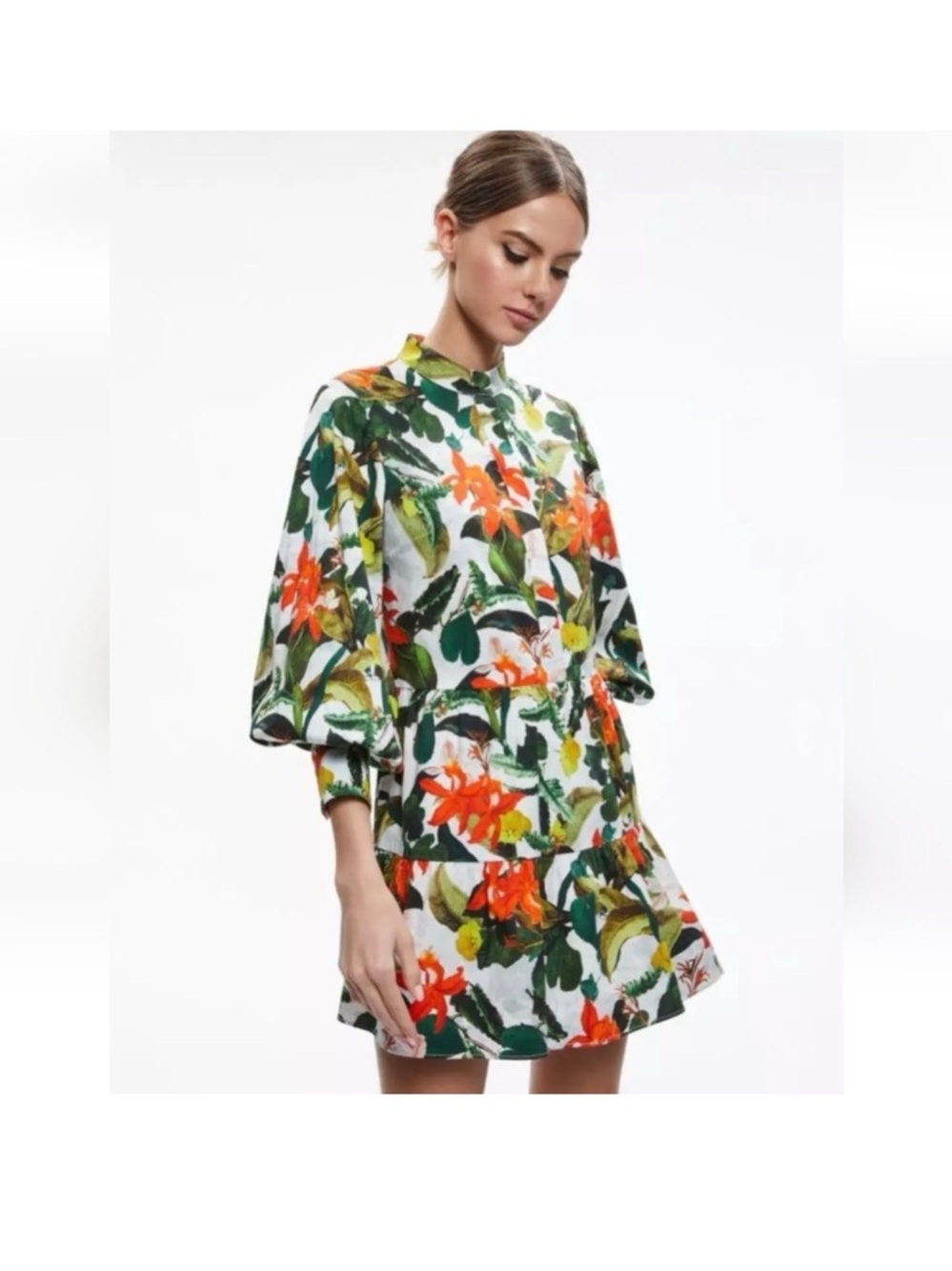 Alice + Olivia White Floral Mini Dress with Green Leaves and Orange Blooms